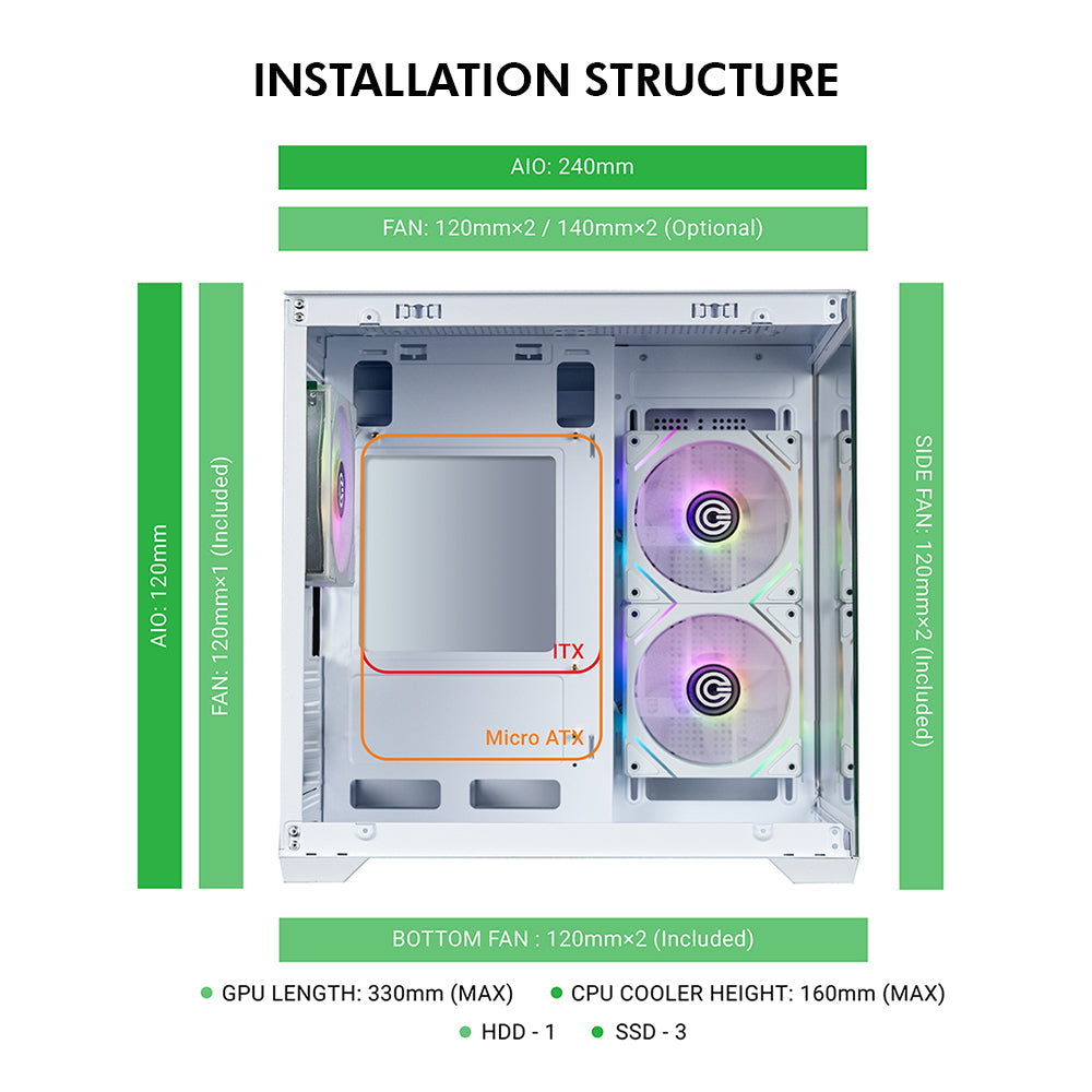 Lucid Micro M3 Mid - Tower Computer Case Gaming Cabinet - White